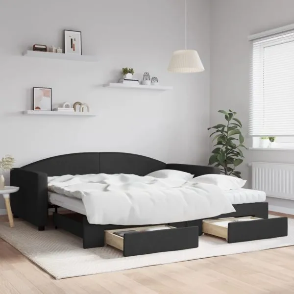 Pat de zi cu extensie și sertare, negru, 100×200 cm, textil