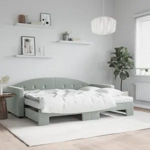 Pat de zi cu extensie și saltele, gri deschis 80×200 cm catifea