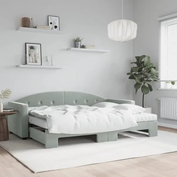 Pat de zi cu extensie și saltele, gri deschis 80×200 cm catifea