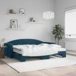 Pat de zi cu extensie și saltea, albastru, 90×200 cm, catifea