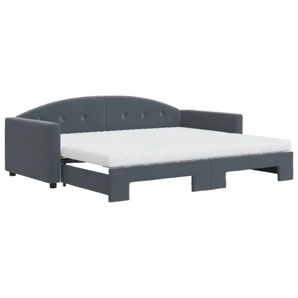 Pat de zi cu extensie și saltele, gri închis, 90×190 cm catifea