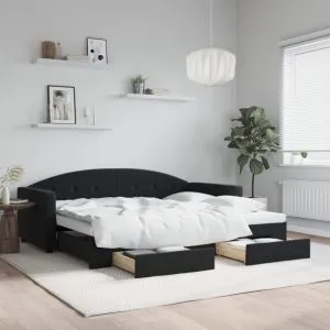 Pat de zi cu extensie și sertare, negru, 90×200 cm, catifea
