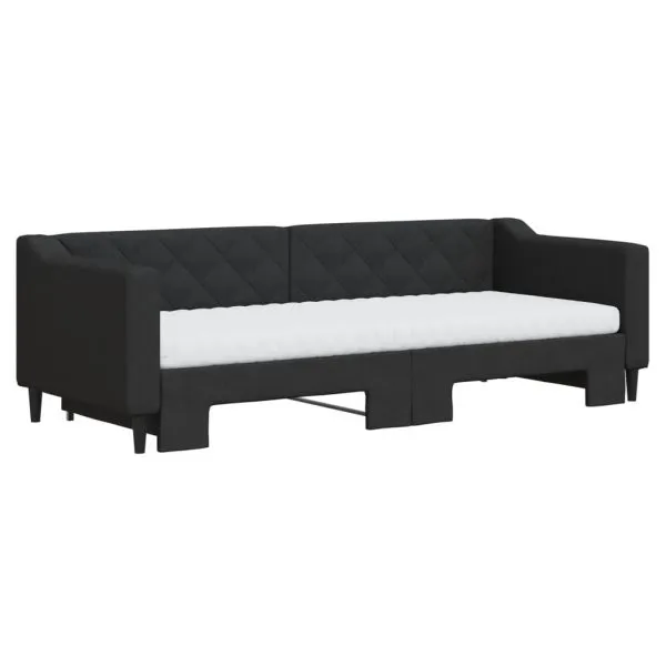 Pat de zi cu extensie și saltele, negru, 80×200 cm, textil