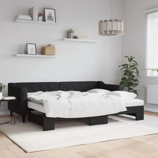 Pat de zi cu extensie și saltele, negru, 80×200 cm, textil