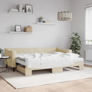 Pat de zi cu extensie și saltele, crem, 80×200 cm, textil