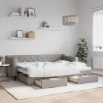 Pat de zi cu extensie și sertare, gri taupe, 80×200 cm, textil