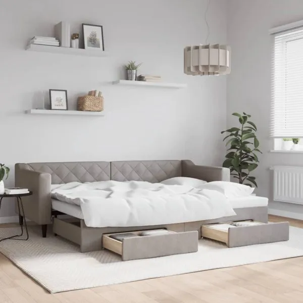 Pat de zi cu extensie și sertare, gri taupe, 80×200 cm, textil