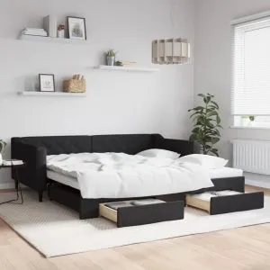 Pat de zi cu extensie și sertare, negru, 100×200 cm, textil