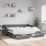 Pat de zi cu extensie și sertare, gri închis, 80×200 cm textil