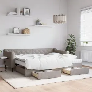 Pat de zi cu extensie și sertare, gri taupe, 90×200 cm, textil