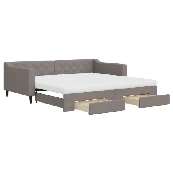 Pat de zi cu extensie și sertare, gri taupe, 100×200 cm, textil