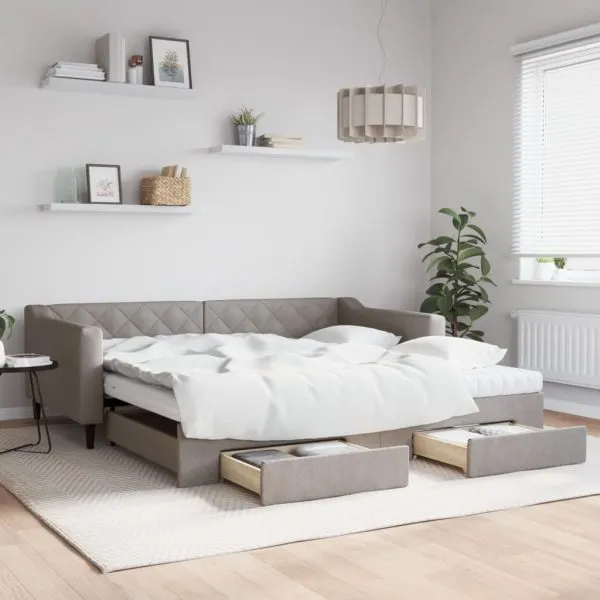 Pat de zi cu extensie și sertare, gri taupe, 100×200 cm, textil