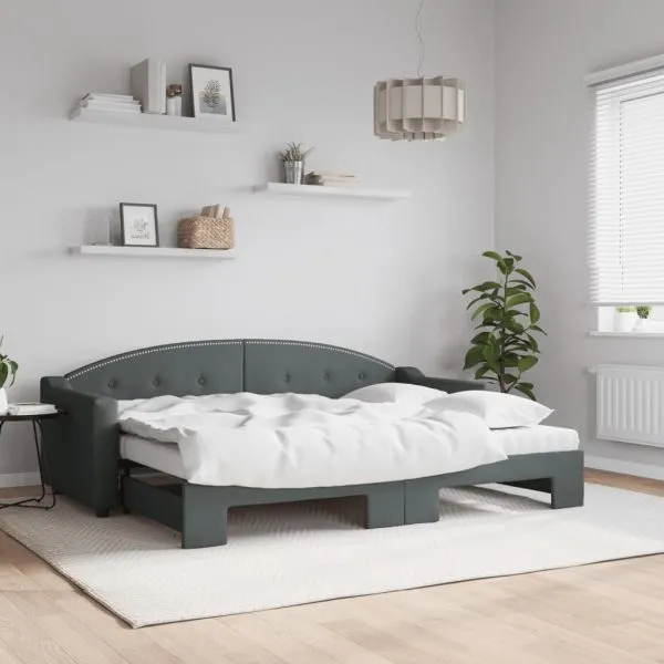 Pat de zi cu extensie și saltele, gri închis, 80×200 cm, textil