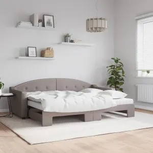 Pat de zi cu extensie și saltele, gri taupe, 80×200 cm, textil