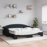 Pat de zi cu extensie și saltele, negru, 90×200 cm, textil