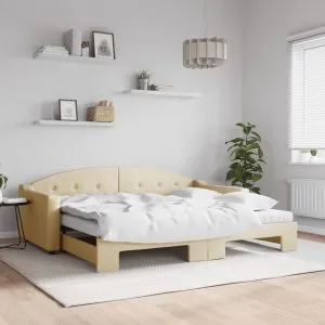 Pat de zi cu extensie și saltele, crem, 90×200 cm, textil
