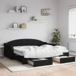 Pat de zi cu extensie și sertare, negru, 90x190cm, textil