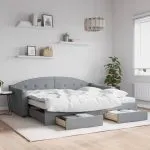 Pat de zi cu extensie și sertare, gri deschis, 90×200 cm textil