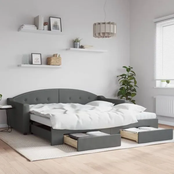 Pat de zi cu extensie și sertare, gri închis, 100×200 cm textil
