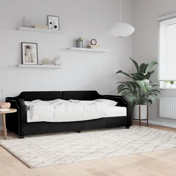 Pat de zi cu saltea, negru, 90×190 cm, textil