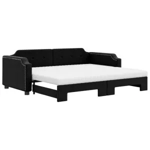 Pat de zi cu extensie și saltele, negru, 80×200 cm, textil