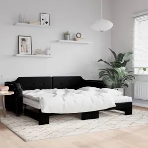 Pat de zi cu extensie și saltele, negru, 80×200 cm, textil