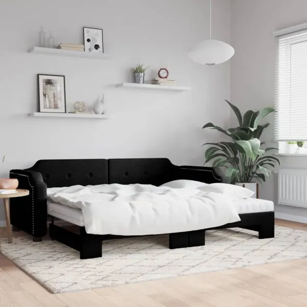 Pat de zi cu extensie și saltele, negru, 80×200 cm, textil