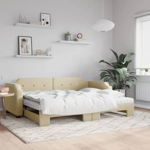 Pat de zi cu extensie și saltele, crem, 90×200 cm, textil