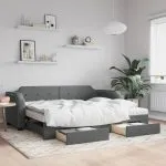 Pat de zi cu extensie și sertare, gri închis, 90×200 cm textil