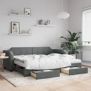Pat de zi cu extensie și sertare, gri închis, 90×200 cm textil