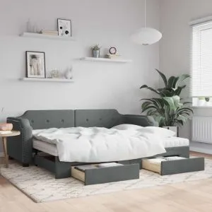 Pat de zi cu extensie și sertare, gri închis, 100×200 cm textil