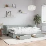 Pat de zi cu extensie și sertare, gri deschis 80×200 cm catifea