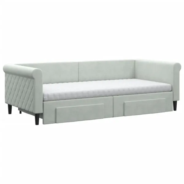 Pat de zi cu extensie și sertare, gri deschis 90×200 cm catifea