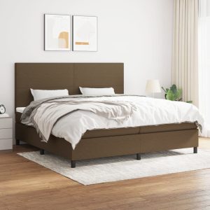 Pat box spring cu saltea, maro închis, 200×200 cm, textil