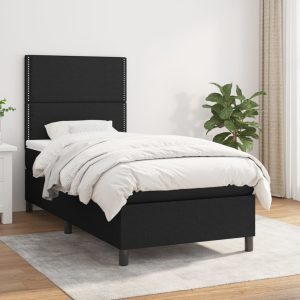 Pat box spring cu saltea, negru, 90×190 cm, textil