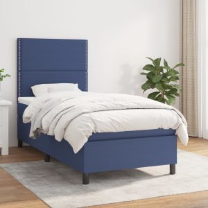 Pat box spring cu saltea, albastru, 90×200 cm, textil