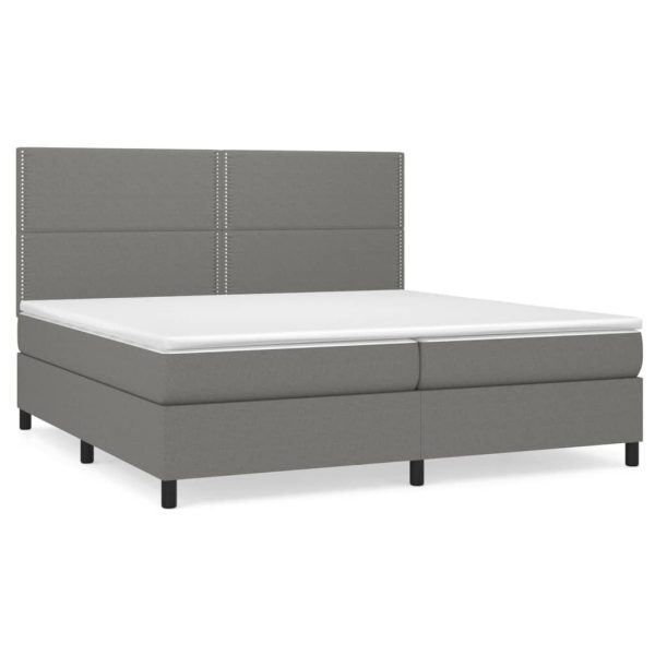 Pat box spring cu saltea, gri închis, 200×200 cm, textil