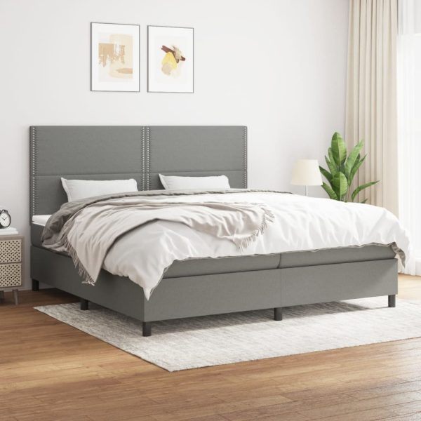 Pat box spring cu saltea, gri închis, 200×200 cm, textil