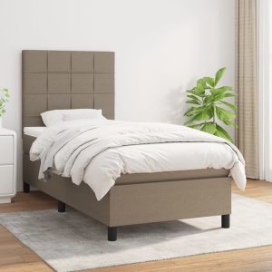 Pat box spring cu saltea, gri taupe, 90×190 cm, textil