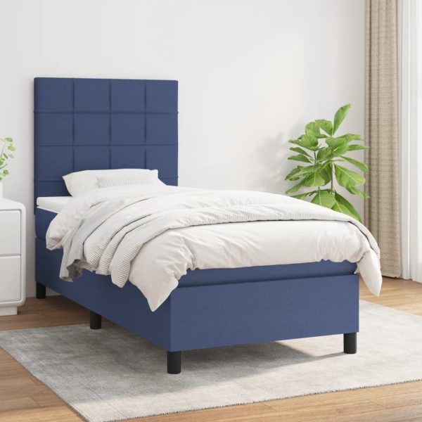 Pat box spring cu saltea, albastru, 90×190 cm, textil