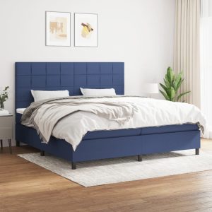 Pat box spring cu saltea, albastru, 200×200 cm, textil