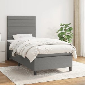 Pat box spring cu saltea, gri închis, 90×200 cm, textil