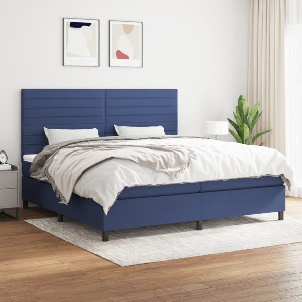 Pat box spring cu saltea, albastru, 200×200 cm, textil