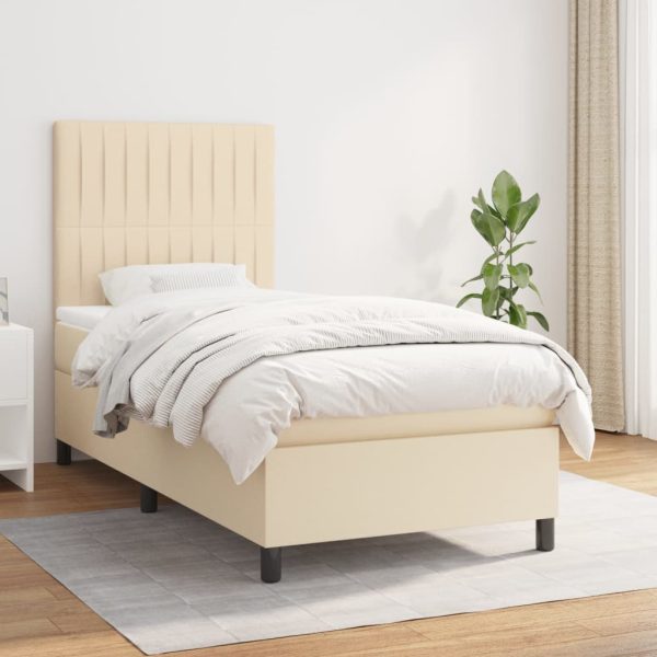 Pat box spring cu saltea, crem, 90×190 cm, textil