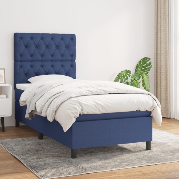 Pat box spring cu saltea, albastru, 80×200 cm, textil