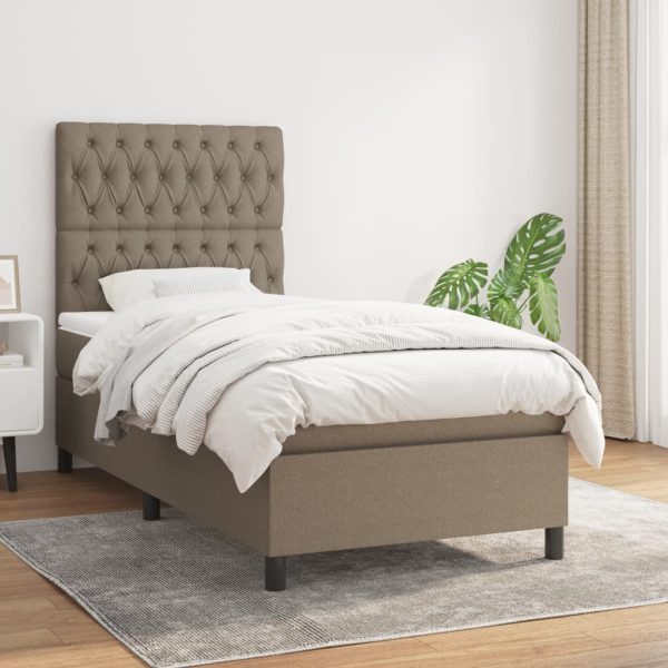 Pat box spring cu saltea, gri taupe, 90×200 cm, textil