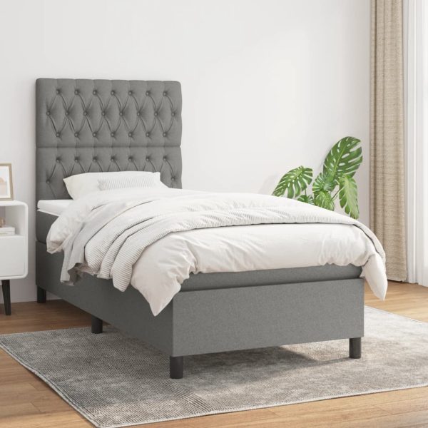 Pat box spring cu saltea, gri închis, 100×200 cm, textil