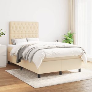 Pat box spring cu saltea, crem, 120×200 cm, textil