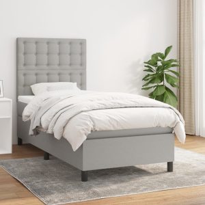 Pat box spring cu saltea, gri deschis, 90×200 cm, textil