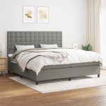 Pat box spring cu saltea, gri închis, 200×200 cm, textil